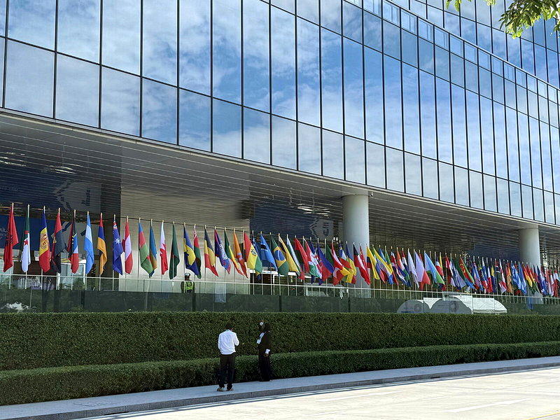 国际货币基金(IMF)与世界银行年会12日起在泰国曼谷举行,会场外悬挂各国国旗。...
