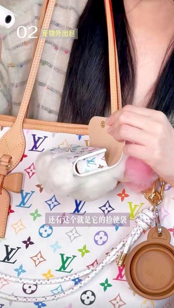 钟欣潼展示LV与村上隆联名限量宠物袋里还有一个「捡便袋」。（取材自微博）